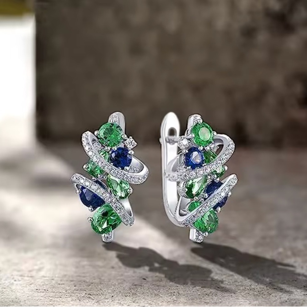 Green Blue Cubic Zirconia Hoop Earrings. - Picture 2 of 4